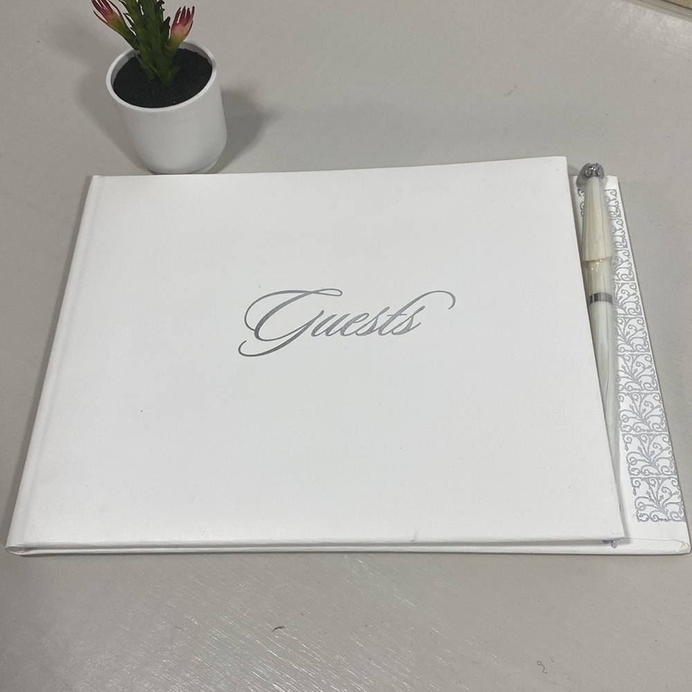 NIB Classic white and silver wedding guest book and pen​​​​​​​​​​​​​​